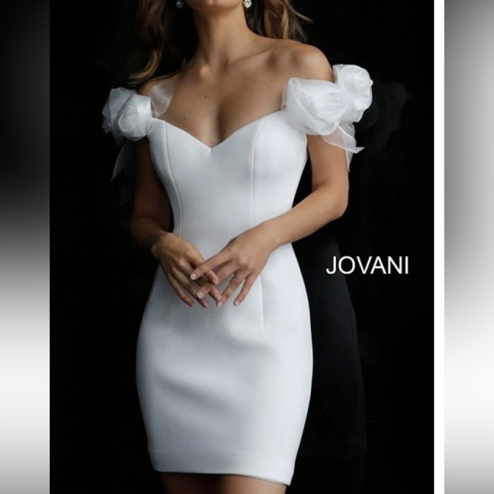 Jovani off shoulder dress, white. Rosette appliqué. Size 6.